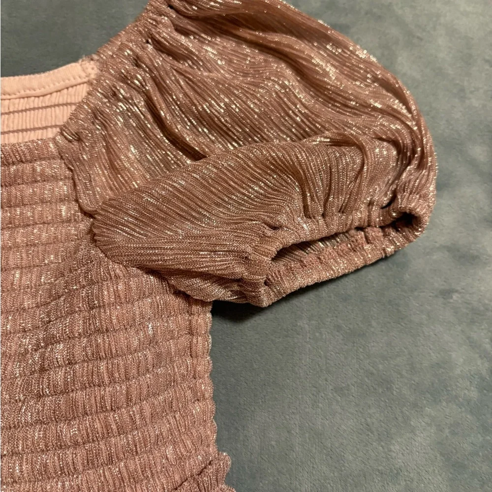 Crewcuts (J Crew) Shimmer Puff Sleeve Smocked Dress Pink Metallic